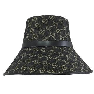 【GUCCI 古馳】經典雙G LOGO緹花丹寧布寬帽棉質遮陽帽漁夫帽(黑)