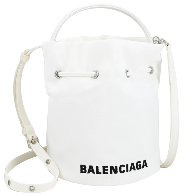 Balenciaga 巴黎世家 簡約電繡LOGO素雅帆布兩用手提水桶包(白 小)