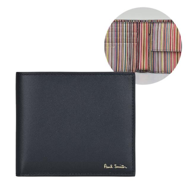【Paul Smith】PAUL SMITH字母LOGO對折滑面小牛皮/小羊皮4卡零錢短夾(黑x內彩色條紋)