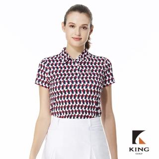 【KING GOLF】實體同步款-女款滿版K字幾何跳色印花燙印LOGO透氣涼感開襟短袖POLO衫/高爾夫球衫(藍紅色)