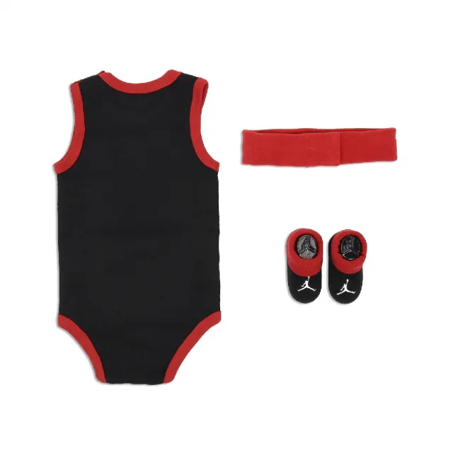 【NIKE 耐吉】包屁衣 Jordan Baby Bodysuits 3 Piece Set 黑紅 純棉 嬰兒 禮盒(JD2323025NB-001)