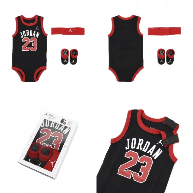 【NIKE 耐吉】包屁衣 Jordan Baby Bodysuits 3 Piece Set 黑紅 純棉 嬰兒 禮盒(JD2323025NB-001)