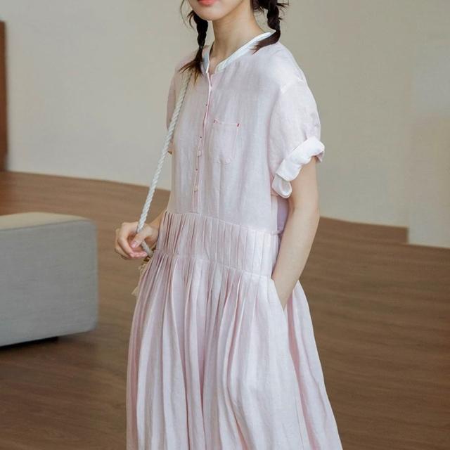 【巴黎精品】現貨+預購 洋裝連身長裙(五分袖亞麻壓褶大擺女裙子a1gq30)