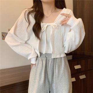 【D.studio】韓版小眾復古綁帶燈籠袖短版外套(針織外套針織上衣女裝衣服外套長袖上衣薄外套防曬外套 J213)