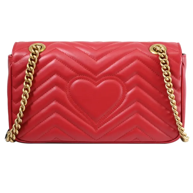 【GUCCI 古馳】經典GG Marmont 金屬LOGO翻蓋肩/斜背鍊包(紅 買就送BV隨機吊飾鑰匙圈)