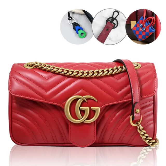 【GUCCI 古馳】經典GG Marmont 金屬LOGO翻蓋肩/斜背鍊包(紅 買就送BV隨機吊飾鑰匙圈)