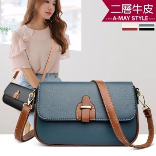 【Amay Style 艾美時尚】女包 真皮包 側肩包 斜揹包 極簡氣質牛皮拼色斜肩揹包(4色.預購)