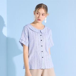 【YUTZUYA 優姿雅】純棉．夏日情調藍白條紋織帶娃娃領襯衫(短袖上衣/壓褶設計/開襟排釦/後領抽皺/圓弧下襬)