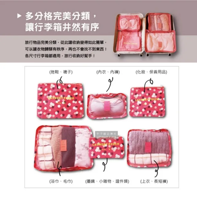 【生活良品】加厚防水旅行收納袋6件組-湖水藍小花款(旅行箱/登機箱/收納盒/旅行袋/收納包/行李箱)