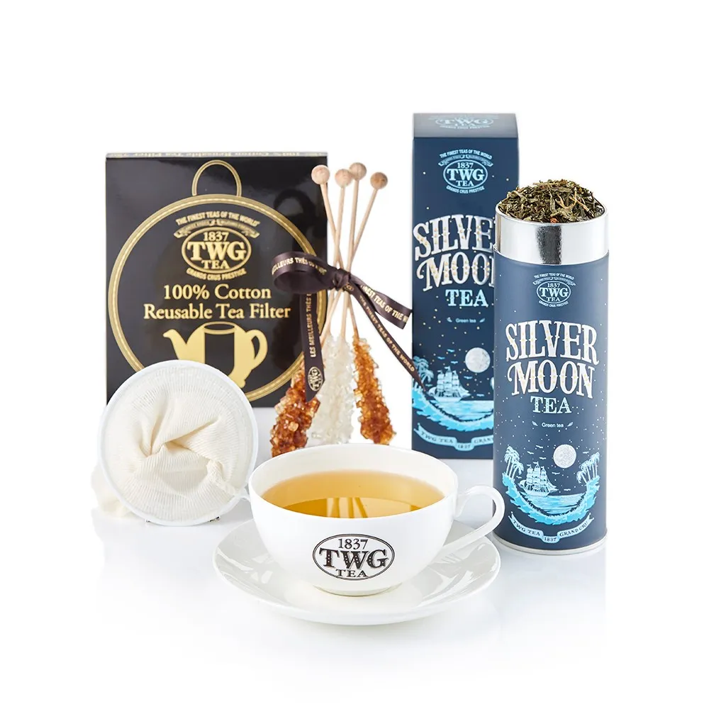 【TWG Tea】茗茶饗宴禮物組(銀月綠茶/多款茗茶100g +早茶杯盤組+濾茶網+茶糖棒)