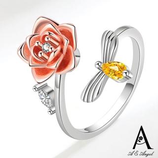【ANGEL】獻愛玫瑰可轉動水滴鑽蝴蝶結彈性開口戒指(銀色)