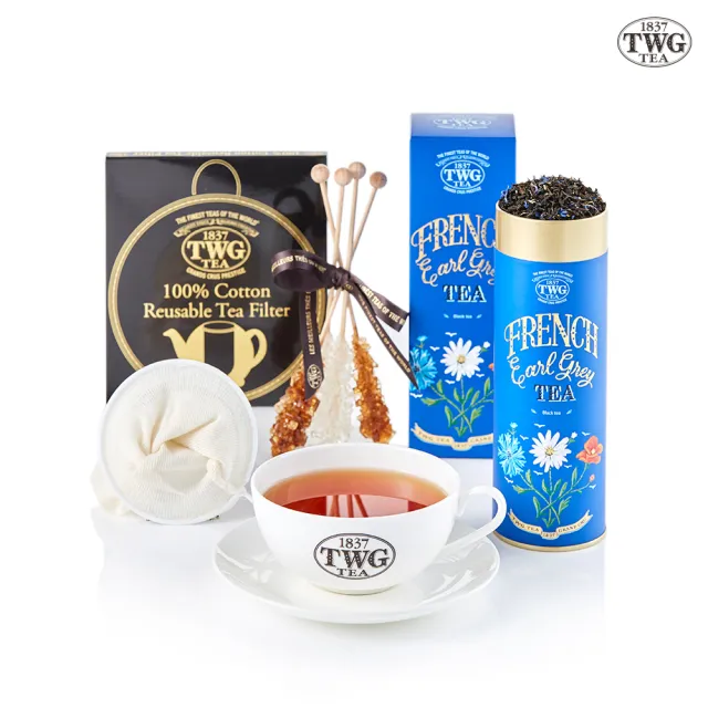 【TWG Tea】法式伯爵茶茗茶禮物組(法式伯爵茶/多款茗茶 100g/罐+早茶杯盤組+瀘茶網+茶糖棒)