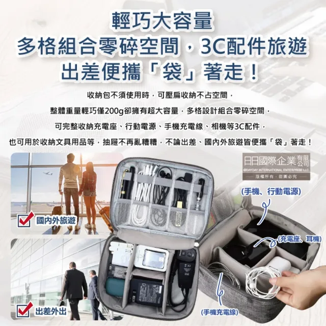 【Travel Season】韓版3C配件防水充電線收納包-黑色(滑鼠相機手機電源線USB/收納袋可放旅行箱登機箱)