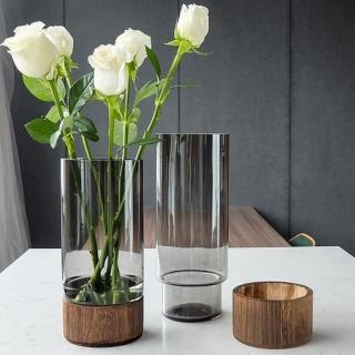 【JEN】北歐手工原木底座灰色玻璃花瓶高26cm一入(入新居/擺飾/花器/花瓶)