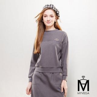 【MYVEGA 麥雪爾】MA棉質蝴蝶結刺繡休閒套裝上衣-鐵灰(上下身分開販售)