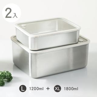 【Umei又美】玻璃蓋可微波不鏽鋼保鮮盒二入(1200ml+1800ml)