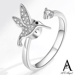 【ANGEL】俏皮蜂鳥可旋轉水鑽彈性開口戒指(銀色)