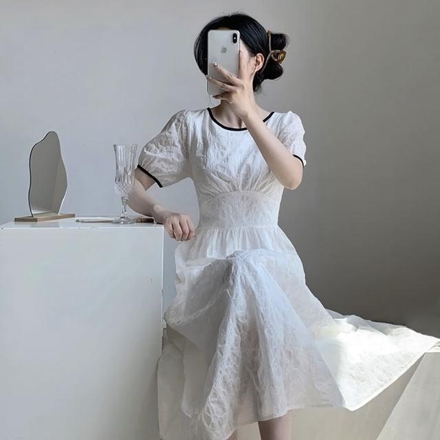 【巴黎精品】現貨+預購 長洋裝連身裙(短袖提花收腰氣質女裙子v1bo47)