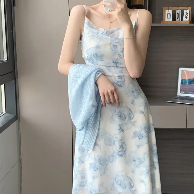 【巴黎精品】現貨+預購 長袖套裝兩件式裙裝(薄款罩衫細肩帶洋裝女裝a1gd17)