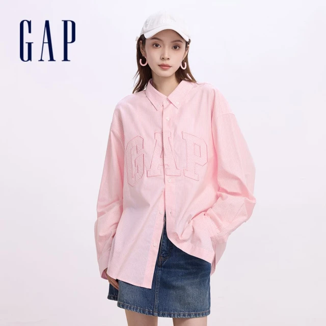 GAP 女裝 Logo短版翻領短袖襯衫-白色(873201)