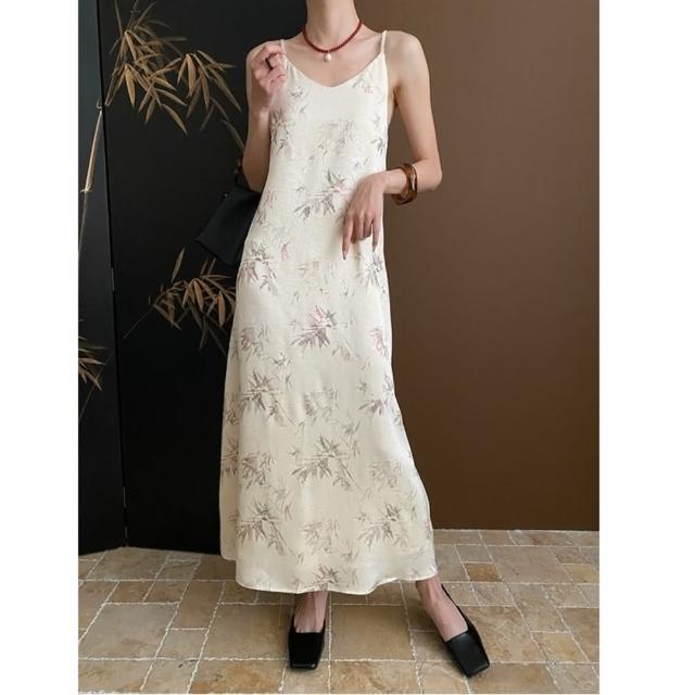 【巴黎精品】現貨+預購 洋裝連身長裙(細肩帶V領竹葉印花女裙子3色a1fz41)