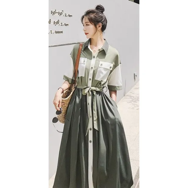 【巴黎精品】現貨+預購 連身裙短袖洋裝(拼接撞色翻領綁帶女裙子a1fc2 28)