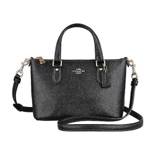 【COACH】COACH Gallery經典金字LOGO荔枝紋牛皮拉鍊手提斜背兩用包(迷你/黑)