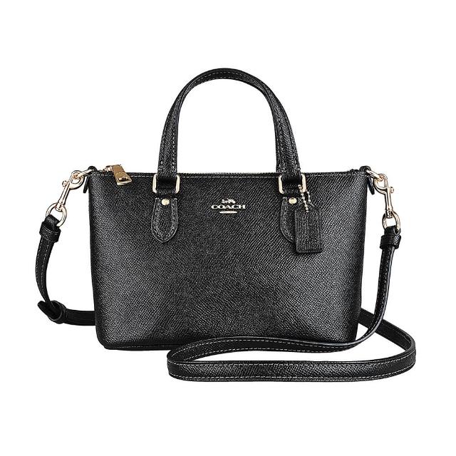 【COACH】COACH Gallery經典金字LOGO荔枝紋牛皮拉鍊手提斜背兩用包(迷你/黑)