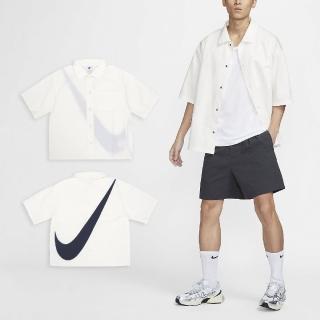 【NIKE 耐吉】短袖襯衫 Big Swoosh Shirts 男款 象牙白 藍 寬鬆 梭織 大勾勾 襯衫(FN3250-133)