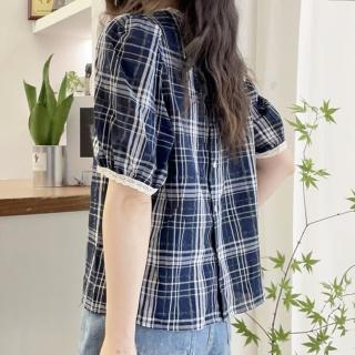 【LANNI 藍尼】★格紋圓領泡泡袖通勤上衣(上衣/女裝/T恤/休閒/百搭)