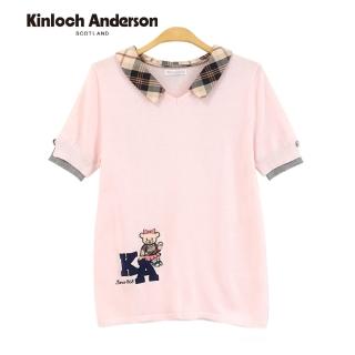 【Kinloch Anderson】V領格紋小熊針織短袖上衣 金安德森女裝(KA0685901 粉/黑)