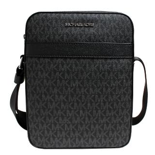 【Michael Kors】MK滿版LOGO拉鍊男款斜揹包/MK男包(滿版黑)