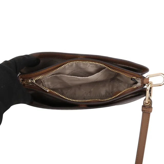 【Michael Kors】金字滿版MK PVC皮革三層斜背包(深咖)
