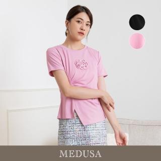 【MEDUSA 曼度莎】現貨-茶花珠串顯瘦抓褶T恤 - 2色（M-XL）｜女休閒上衣 小香風山茶花(305-56701)
