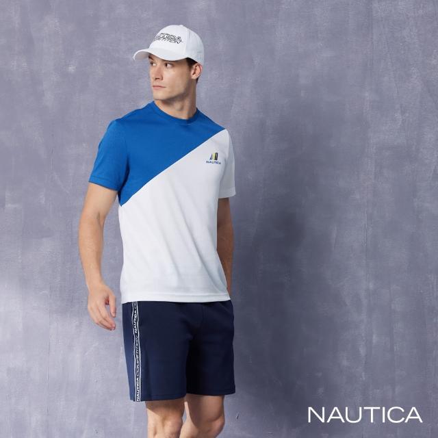 【NAUTICA】男裝 吸濕排汗跳色拼接短袖T恤(藍色)