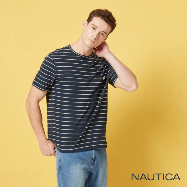 【NAUTICA】男裝 舒適細條紋短袖T恤(深藍色)