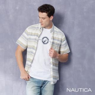 【NAUTICA】男裝 百搭條紋棉麻短袖襯衫(白色)