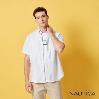 【NAUTICA】男裝 夏日休閒條紋短袖襯衫(粉紫色)