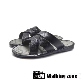 【WALKING ZONE】男 SUPERMAN系列 真皮交叉帶舒適拖鞋 男鞋(黑色)