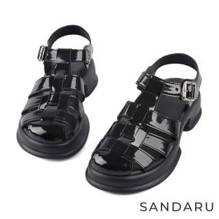 【SANDARU 山打努】涼鞋 前包光澤編織羅馬厚底鞋(黑)