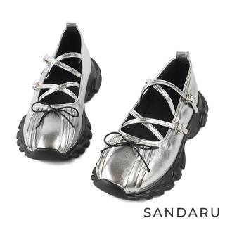 【SANDARU 山打努】瑪莉珍 蝴蝶結芭蕾雙交叉壓摺厚底鞋(銀)