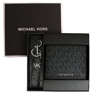 【Michael Kors】MK防刮皮革六卡皮夾+鑰匙圈禮盒組/男生皮夾禮盒(滿版黑)