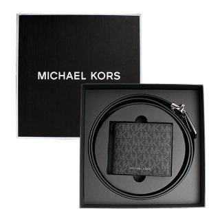 【Michael Kors】MK防刮皮革8卡短夾+皮帶禮盒組/男生短夾皮帶禮盒(滿版黑)