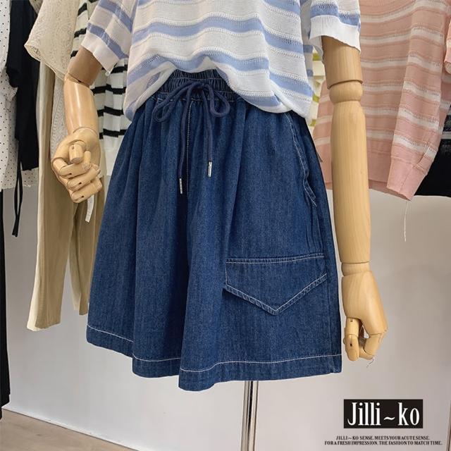 【JILLI-KO】鬆緊高腰休閒寬鬆顯瘦牛仔短褲-F(深藍/淺藍)