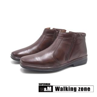【WALKING ZONE】男 SUPERMAN系列 方頭拉鍊減壓皮革短靴 男鞋(咖啡色)