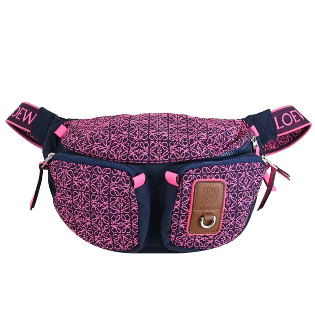 【LOEWE 羅威】經典品牌LOGO印花三用腰包胸口包後背包(桃/深藍 大)