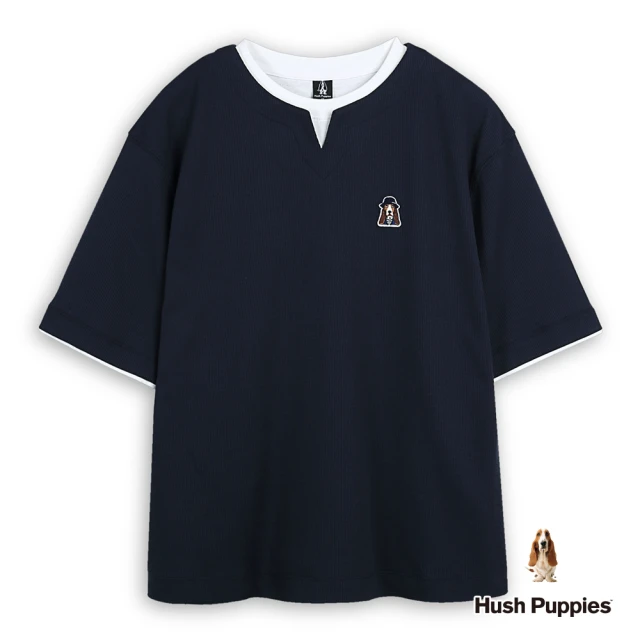 Hush Puppies 男裝 上衣 漁夫帽狗假兩件華夫格寬版斷袖上衣(丈青 / 44110108)