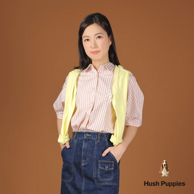 Hush Puppies 女裝 襯衫 HP刺繡知性直條紋五分袖襯衫(淺橘 / 44212101)