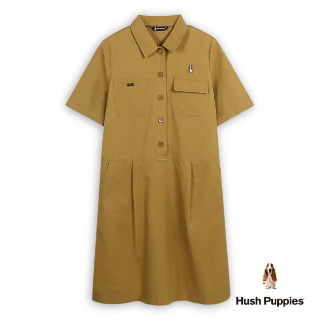 Hush Puppies 女裝 洋裝 簡約素色半開襟打摺短袖洋裝(深黃 / 44215104)