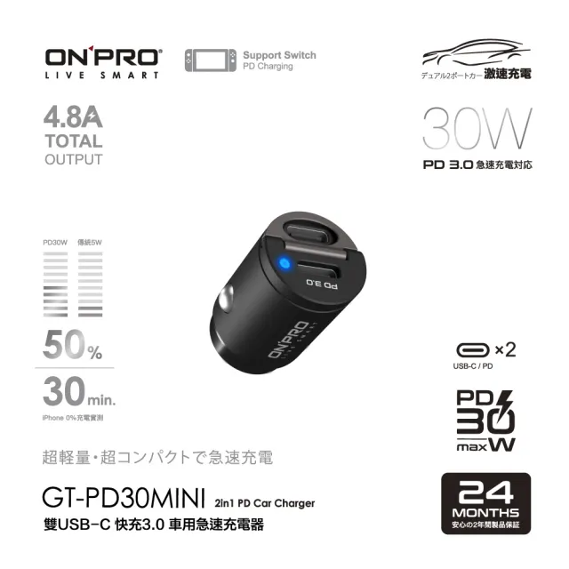 【ONPRO】GT-PD30MINI 30W 隱藏式雙Type-C車用PD快充充電器